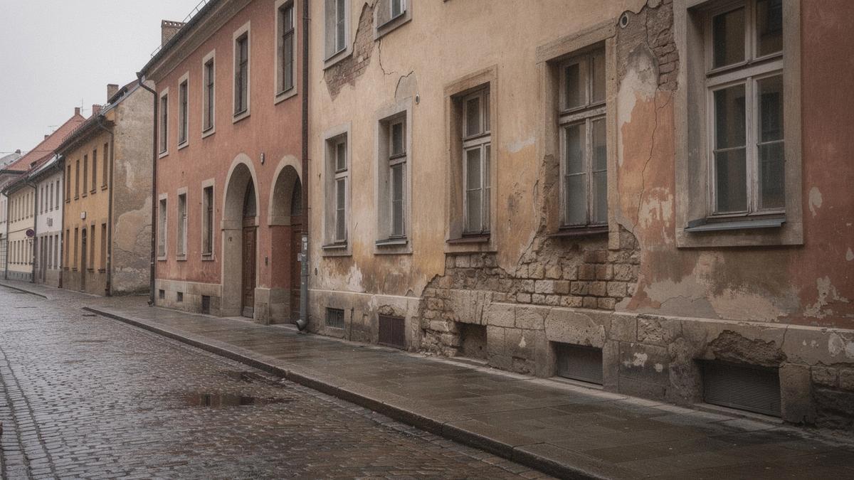 Arched stone facade of a Central European townhouse on a quiet street